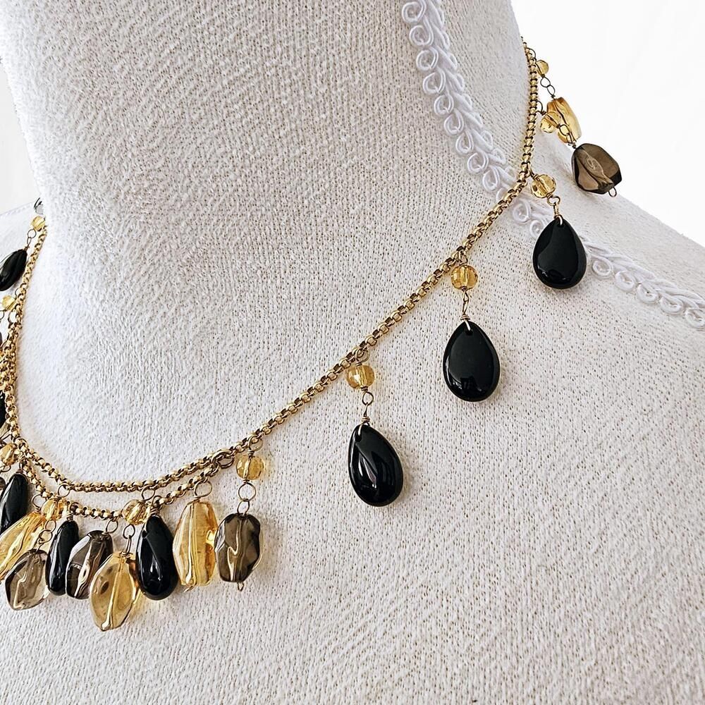 Vintage Elegant B&M 14K Gold Chain Necklace Black Yellow Smoky Gray Crystal Bead - Picture 3 of 7